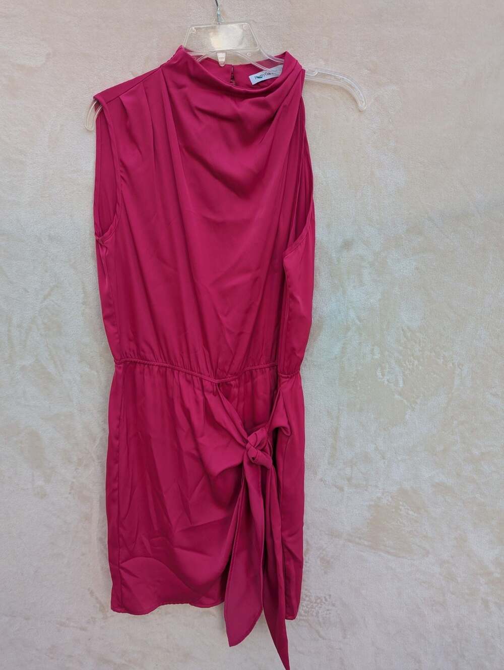 PrettyGarden Women's Sleeveless Mock Neck Tie Waist Satin Romper Pink Large
